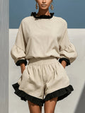 Conjunto Lino Dos Piezas Top Manga Farol y Short de Talle Alto con Bolsillos