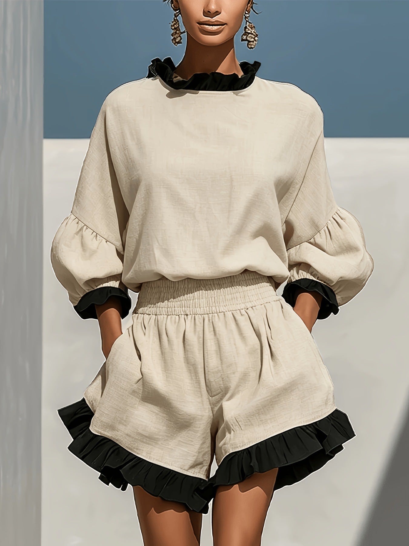 Conjunto Lino Dos Piezas Top Manga Farol y Short de Talle Alto con Bolsillos