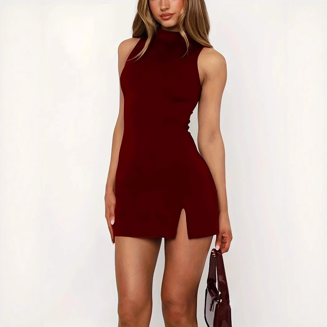 Vestido Elegante Sin Mangas con Costuras Decorativas y Color Liso