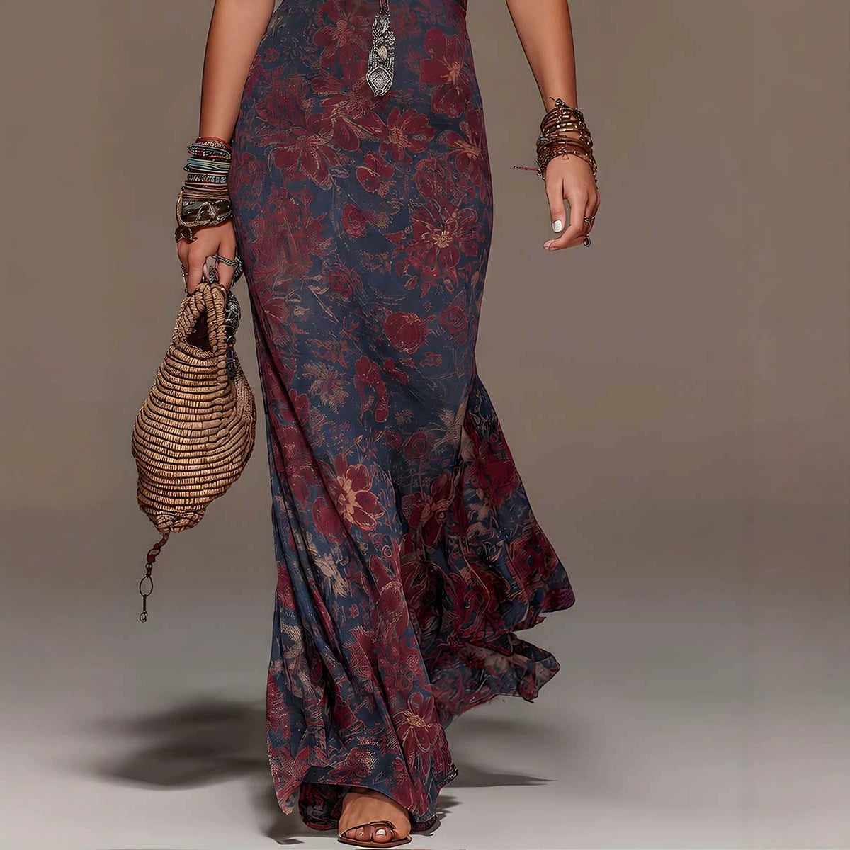 Vestido Bohemio Largo Sin Mangas Halter Cuello V Profundo con Encaje