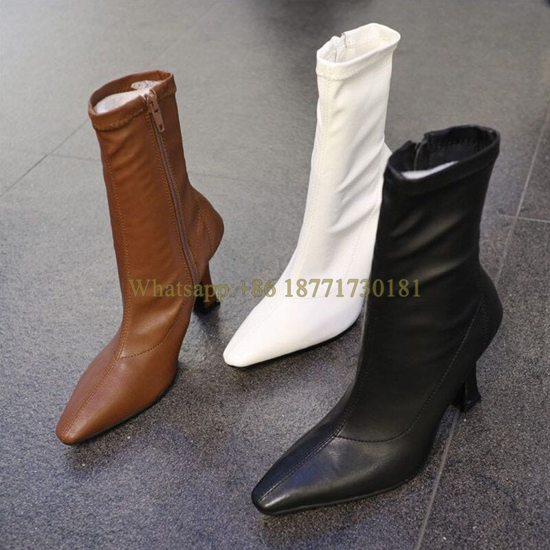 Botines de Punta Cuadrada con Tacón Cuadrado y Cremallera Lateral — Botas Elásticas de Moda Invierno