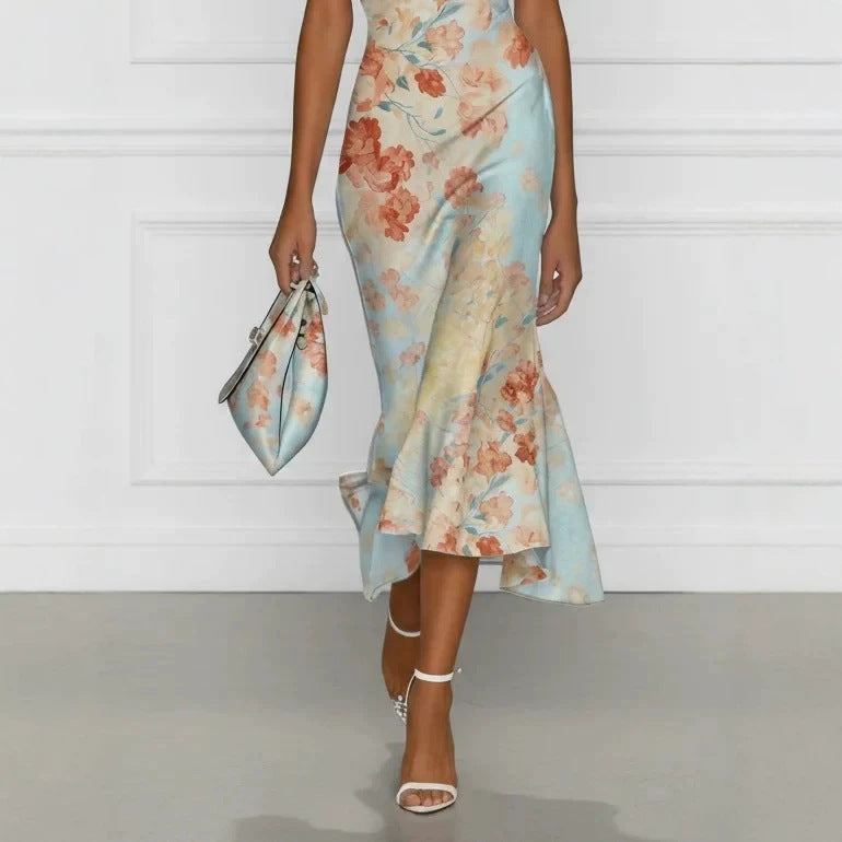 Vestido Largo Floral Off Shoulder con Manga Corta y Estampado Digital