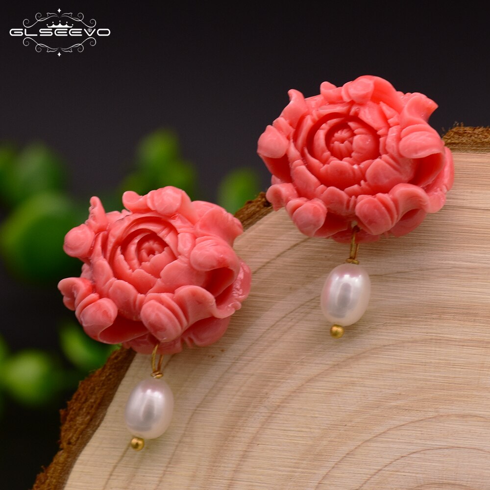 GLSEEVO Natural Fresh Water White Pearl Stud Earrings For Women Coral Powder Earrings Luxury Fine Jewelry Aretes De Mujer