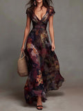 Vestido Maxi Chifón Estampado Floral Cuello V Profundo y Talle Ajustado