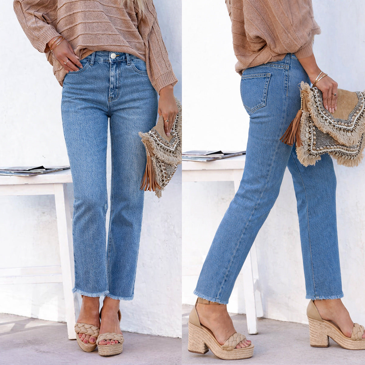 Pantalones Vaqueros Blancos Rectos de Tobillo con Bajo Deshilachado