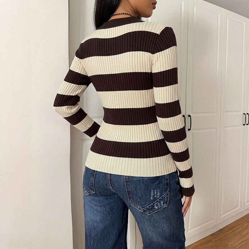 Jersey de Punto Casual Retro con Rayas, Manga Larga y Cuello Solapas