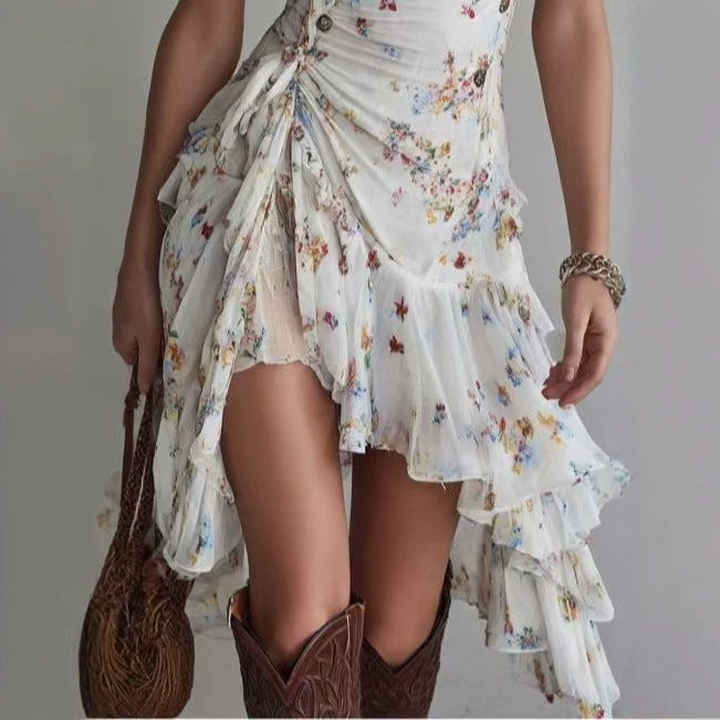Vestido Chifón Floral con Tirantes, Cuello V y Volantes