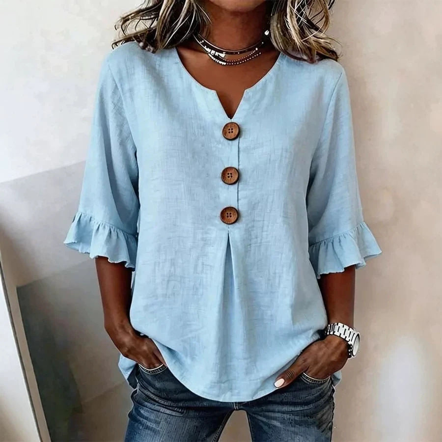 Blusa Lino-Algodón Cuello V con Botones para Verano