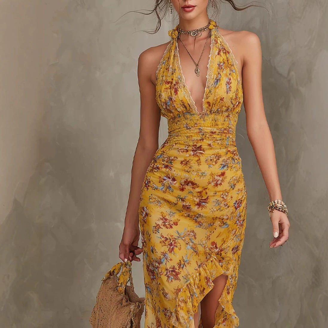 French Vintage Yellow Floral Halter Neck Dress Deep V Waist-Cinching Split Ruffle Slimming Elegant Dress