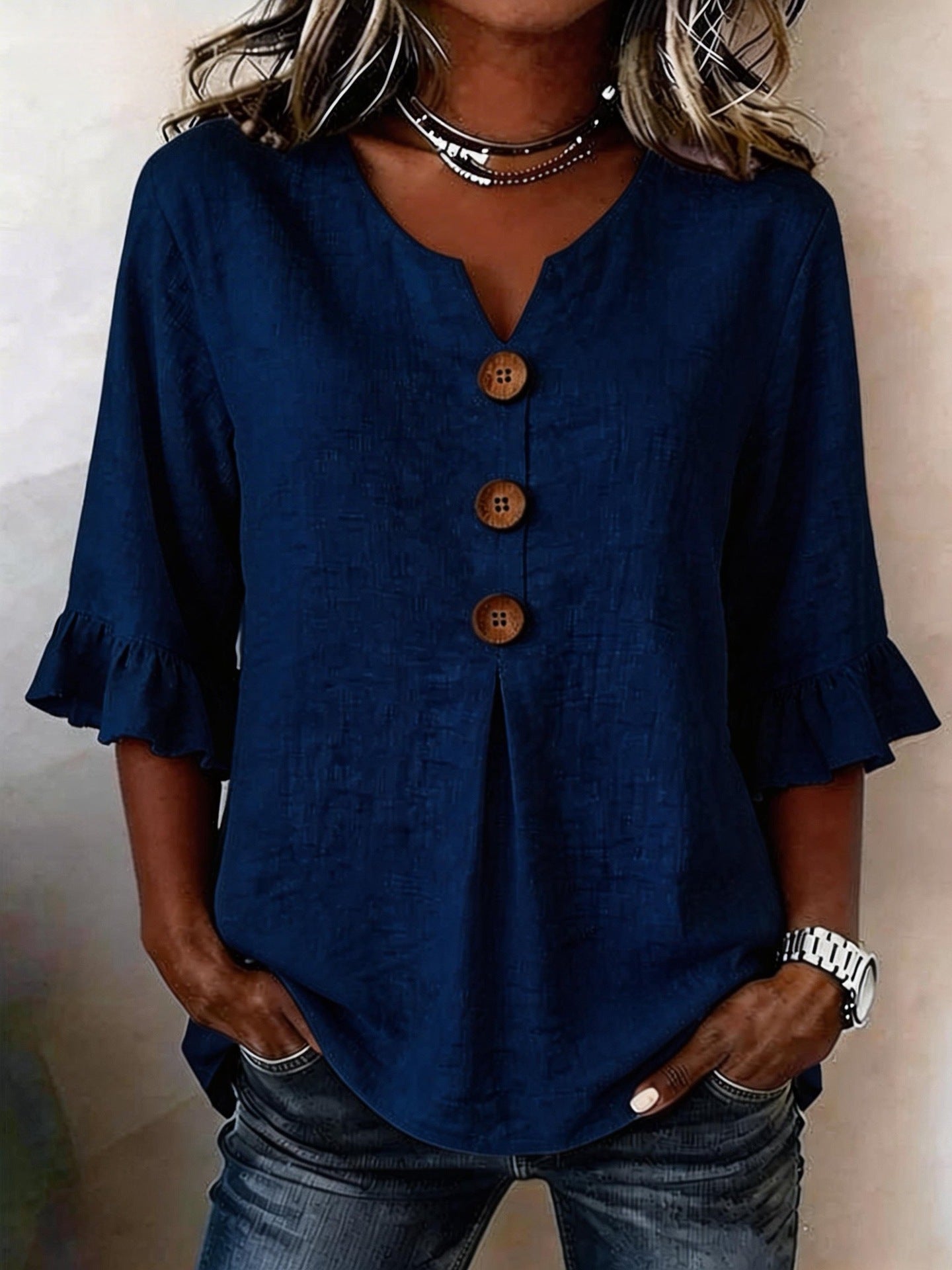 Blusa Lino-Algodón Cuello V con Botones para Verano