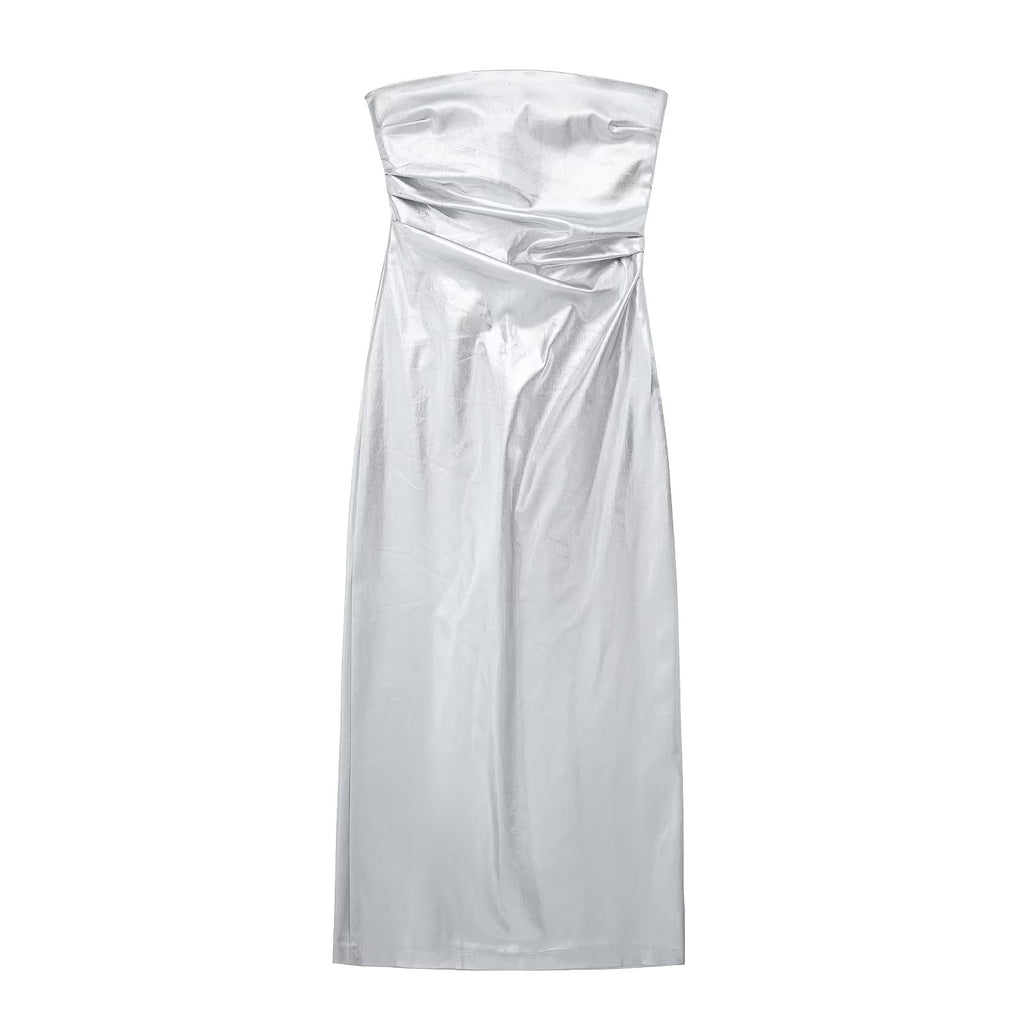 Vestido Bodycon con Brillo Metálico y Hombros Descubiertos