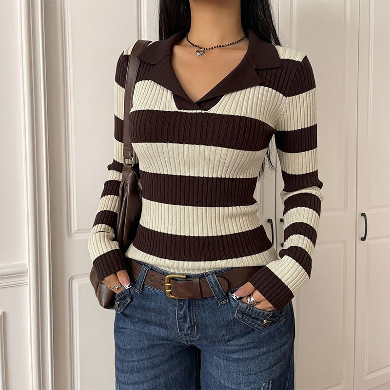 Jersey de Punto Casual Retro con Rayas, Manga Larga y Cuello Solapas