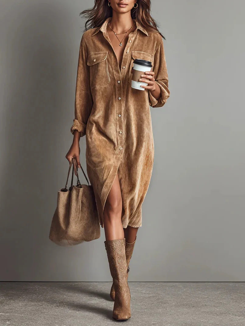 Vestido Largo Camisero de Pana con Cuello Vuelto y Manga Larga