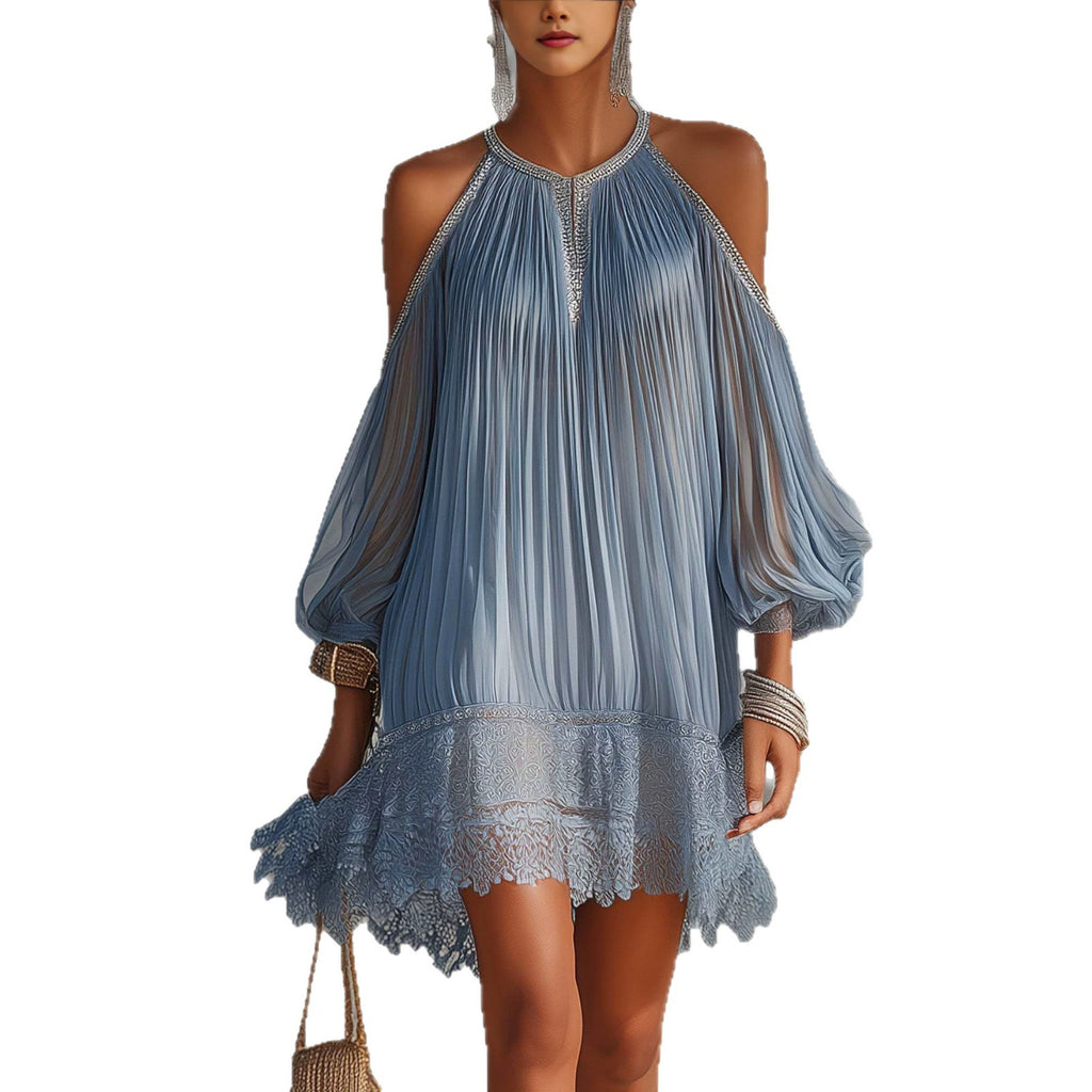 Vestido Chifón Largo con Volantes, Encaje y Mangas Burbuja